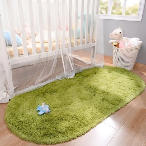 Tapis moelleux ovale 2,6 x 5,3 pi – Poils longs en peluche vert – Antidérapant et facile à entretenir – Pour chambre d'enfant et salon