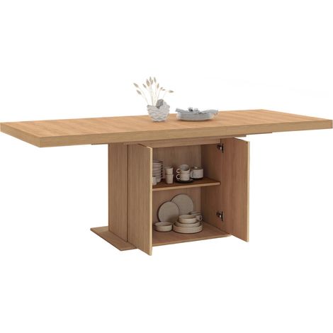 Idmarket – Table à manger extensible rectangle 160-200 cm – 6-10 personnes – Pied central effet lattes avec rangement – MDF bois