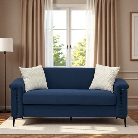 Canapé 2 places en tissu lin bleu, style nordique minimaliste avec pieds métal pour salon (1/5)