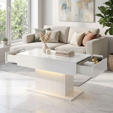 Table basse LED avec rangement, finition laquée brillante, style moderne, 2 tiroirs et télécommande, blanche (1/5)
