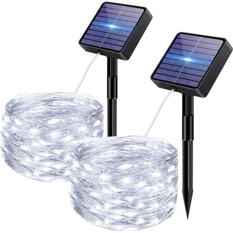 Lot de 2 Guirlande Solaire Exterieur, 5+2 M 50 LED 8 Mode IP65 Étanches Guirlande Lumineuse Solaire Extérieur Avec Mémorisation Pour Clôture Jardin Balcon Décoration Blanc Froid (1/5)