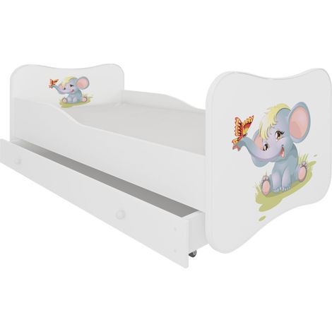 Lit enfant bois blanc à tiroirs avec imprimé éléphant 70x140 ou 80x160 - Sommier et matelas inclus - Ondula-80x160 (1/5)