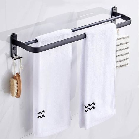50 cm Porte-serviettes mural pour salle de bain, porte-serviettes avec deux porte-serviettes et design crochet - noir mat (1/4)