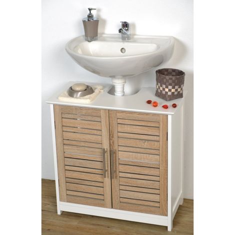 Madeinnature – Meuble bas de salle de bain Stockholm – 1 porte + 1 étagère + 2 niches – Dimensions 70x60x30cm – MDF blanc et chêne vieilli