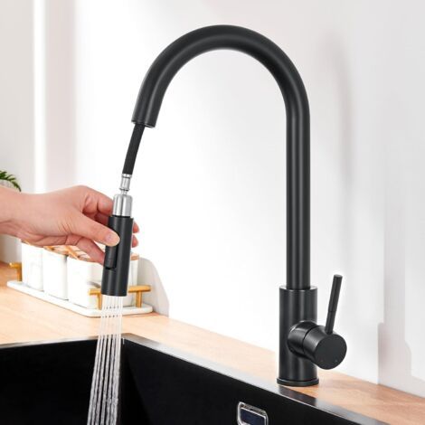 Robinet Cuisine Douchette, Mitigeur Cuisine Noir avec Douchette extractible 2 jets, Robinetterie de Cuisine en Acier Inoxydable Eau chaude et froide réglabl (1/4)