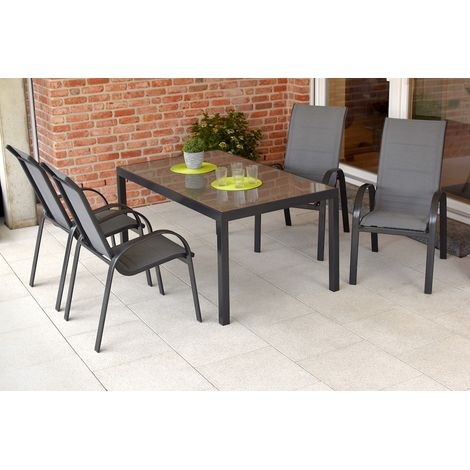 Amalfi Set 5tlg grau 4 Sessel Tisch 150x80cm Alu/Textil
