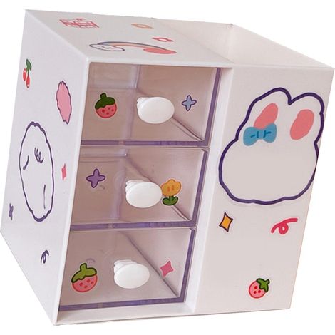 Organiseur de papeterie en plastique beige avec motif dessin animé mignon, contenant pour stylos et autocollants. Idéal pour le bureau, la chambre ou la résidence étudiante. (1/5)