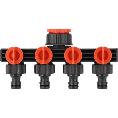 Adaptateur diviseur de robinet 4 voies ABS noir et rouge avec vannes d'arrêt intégrées pour tuyau d'arrosage (1/5)