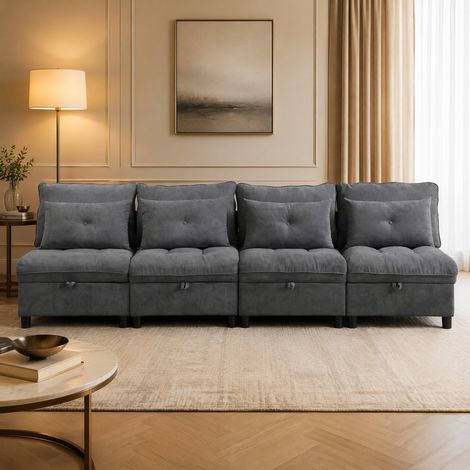 Canapé d'angle Modulable avec coffre, Canapé droit 4 places,tissu chenille gris, Charge max 500 kg, Pour salon, chambre (1/5)