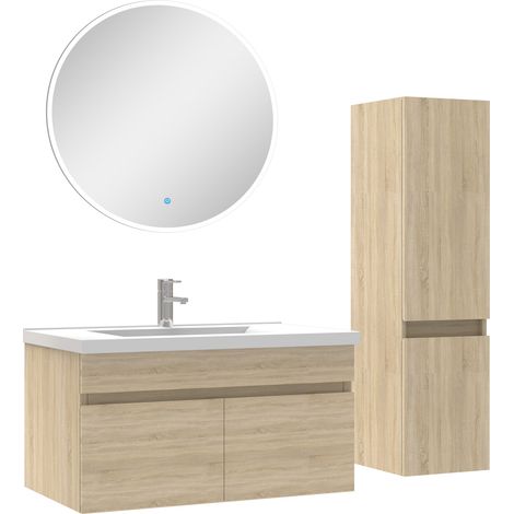 Ensemble Salle De Bain simple vasque avec colonne et miroir rond 80cm meuble Chêne Wotan (1/5)
