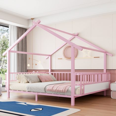 Pour filles et garçons, lit enfant avec entrée facile, structure maison en métal rose et barrières latérales (1/5)