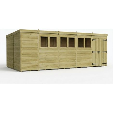 19ft x 9ft Pent Garden Shed Double Door With Windows - Pressure Treated Timber - L579 x W274 x H210 cm - Natural