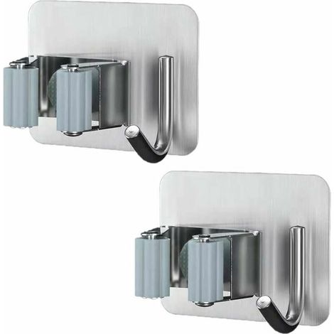 2 pièces Porte Balai Mural Inoxydable, Vadrouille et Porte-Balai Mural Adhésif Mop Support de Rangement avec Crochets pour Cuisine (1/4)