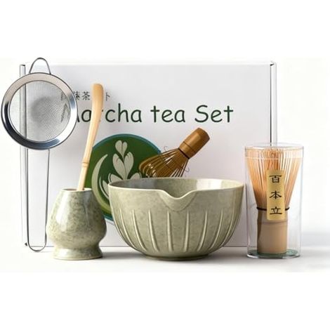 Outils pour matcha - Coffret 5 pièces vert matcha en relief SQ (boîte cadeau blanche) 1 (1/5)