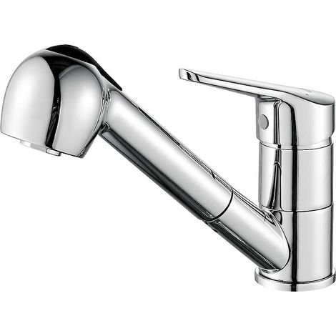 Robinet de cuisine extractible à rotation 360° avec douchette et mitigeur d'évier à bec bas, finition chrome/argent (1/5)