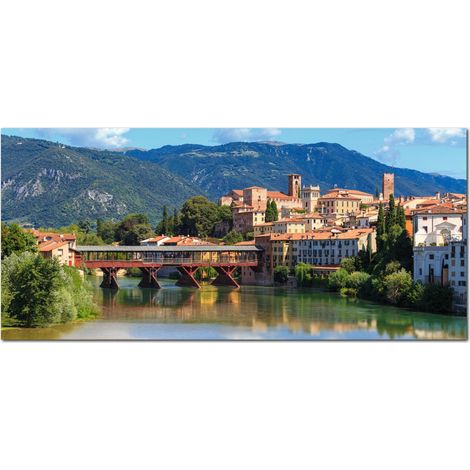 Lupia - Quadro moderno su Tela Canvas DEEP 65X143 cm, con paesaggi e localismi italiani, per casa, soggiorno, capezzale camera da letto, hotel, ufficio, VICENZA - PONTE VECCHIO (1/4)