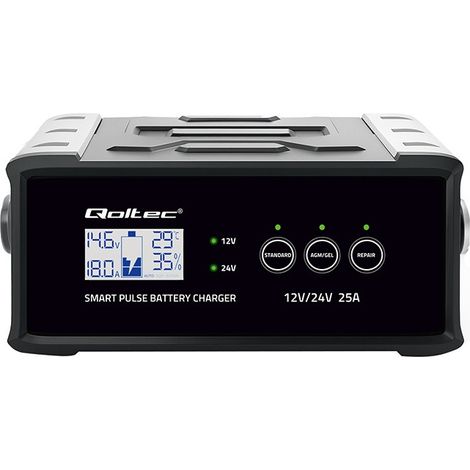 Intelligentes Mikroprozessor-Ladegerät von Qoltec für AGM/GEL/SLA-Batterien, LCD-Anzeige, 12-24 V, 25 A (5901878525143) (1/5)