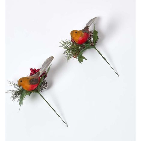 HOMESCAPES Set of 2 Artificial Robin and Foliage Picks, 18 cm (1/5)
