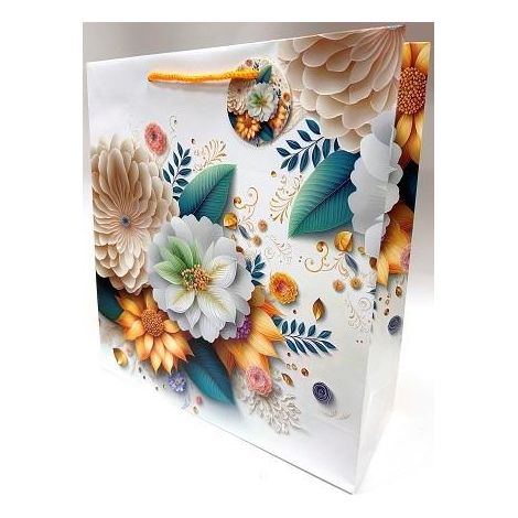 Borsa decorativa opaca 35x37x12cm con fiori bianchi