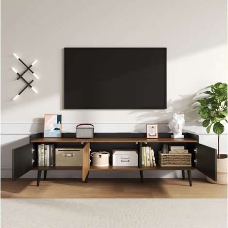 meuble tv rangement 3 portes 160 cm noir naturel HAVRYA (1/5)