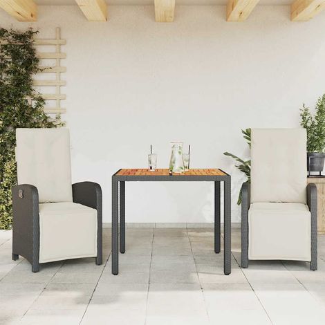 Ensemble bistrot 3 pièces avec chaises inclinables en résine tressée noire et coussins - PANGIVO (1/5)