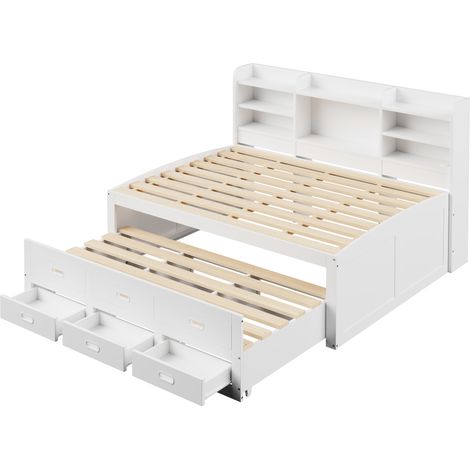 Cama multifuncional con cama nido 140 x 200 cm blanca HOMVRA (1/5)