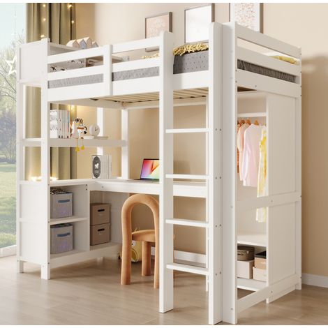 Lit mezzanine minimaliste 90x200 cm en pin blanc/naturel avec bureau, étagères, armoire et sommier à lattes