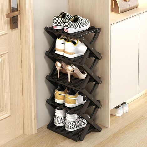 Petit meuble à chaussures, étagère à chaussures pliable à 5 niveaux, aucune installation requise, convient aux entrées, chambres, armoires, noir (1/5)