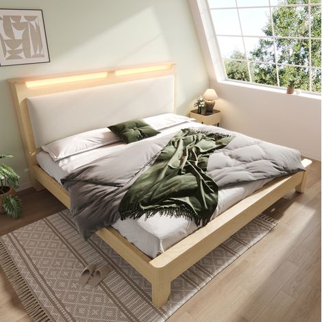 DESVIAE Lit double avec tête de lit à rangement et éclairage LED 140 x 200 cm beige chêne clair avec sommier à lattes et matelas Wood (1/5)
