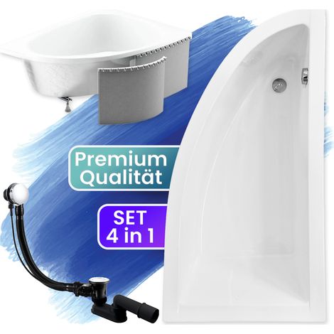 Badewanne Eckbadewanne 140x70 Rechts mit Styroporverkleidung, Ablauf & Füße GRATIS - Komplettset 4in1 Original Acryl Wanne Siphon - BADLAND PRAKTIKA