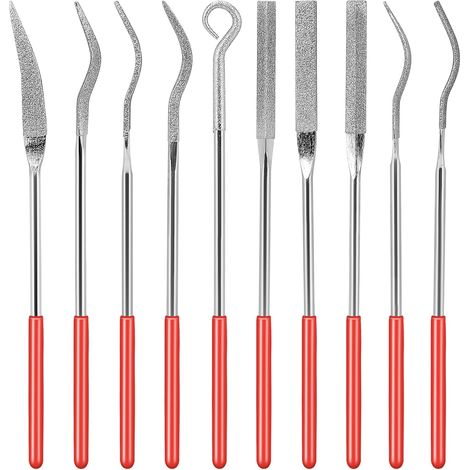 Lot de 10 limes aiguilles diamantées incurvées - Mini limes en métal - Limes miniatures et modèles - Outils de sculpture de bijoux (140 mm) (1/5)