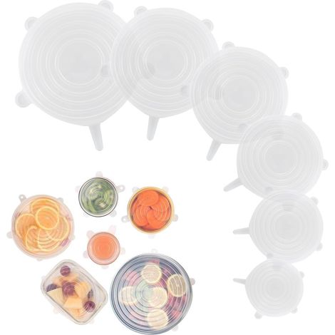 Lot de 6 couvercles alimentaires extensibles en silicone, réutilisables et de qualité alimentaire. Convient aux bols, tasses, bocaux et récipients de 6,5 cm à 21 cm de diamètre. Blanc. (1/5)