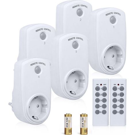 Lot de 5 prises connectées sans fil – 2 télécommandes incluses – Portée 30m – Contrôle marche/arrêt – Compatible prises euro (1/5)