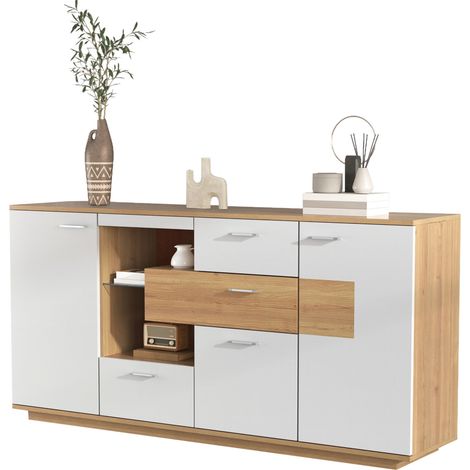 Buffet LED 160 cm avec 2 portes, 4 tiroirs, étagères réglables et éclairage multicolore 16 couleurs, en MDF blanc et bois clair, meuble de salon moderne CHICFURN (1/5)