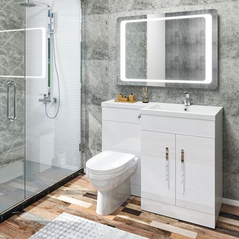 ELEGANT 1100mm L Shape Right Hand Bathroom Vanity Sink Unit Furniture Storage,High Gloss White Vanity unit + Basin + Ceramic D shaped Toilet with Concealed Cistern (1/5)
