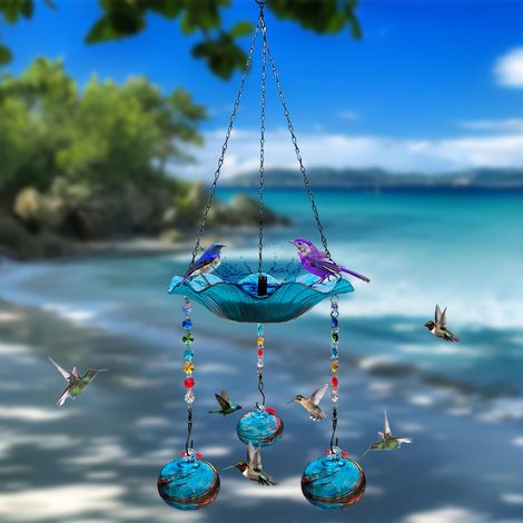 Fontaine pour Bassin pour Oiseaux avec Système d'Alimentation pour Colibris à Suspension Solar 2-en-1 pour le Jardin, Bassin en Verre avec 3 Pots pour Petits Oiseaux (1/4)