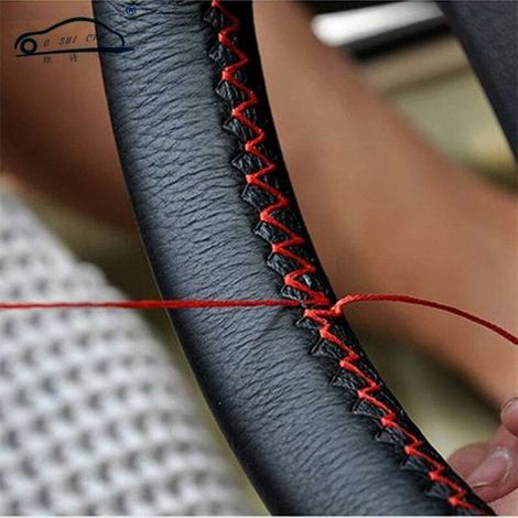 Funda de cuero suave para volante de coche con aguja e hilo, accesorios para el interior del coche, color rojo. (1/5)