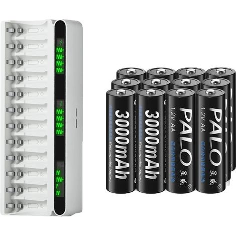 Baterías recargables, capacidad de 3000 mAh, carga rápida, 12 pilas AA, 1 cargador (1/2)