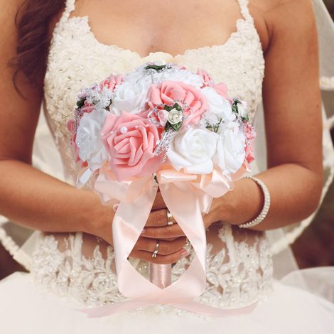 Künstlicher Brautstrauß, simulierter Brautstrauß mit Blumen, Dekoration für Hochzeiten, Rosa (1/5)