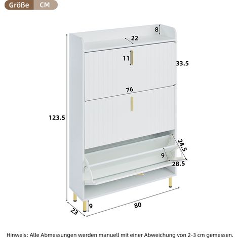 Placard à chaussures 3 battants, étagère à chaussures étroite et basculante, 6 compartiments, meuble chaussures blanc, réglable, dispositif anti-basculement pour entrée, 80x23,5x123,5cm (1/5)