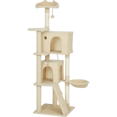Arbre à chat haut 160 cm poteaux à Griffers en sisal niches plateformes en peluche hamac échelle balles de jeu Beige (1/5)