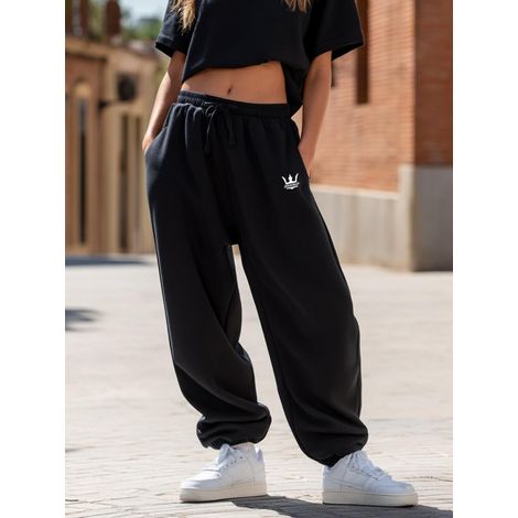 Pantaloni della tuta larghi da donna, neri, con logo Jigga Wear e coulisse, taglia XS (1/5)