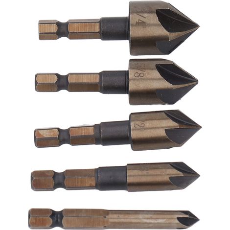 Jeu de 5 fraises à chanfreiner 6,35mm 9,53mm 12,7mm 15,88mm 19,05mm, forets coniques 5 lames, queue hexagonale 6,35mm pour bois et métal (1/5)