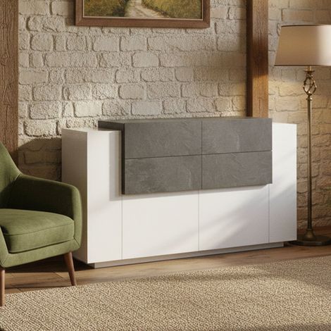 Dmora - Kommode Daas, Küchen-Sideboard mit 2 Türen und 4 Schubladen, Wohnzimmer-Buffet, Küchen-Sideboard, 100% Made in Italy, cm 160x45h86, glänzend weiß und Schiefer (1/4)