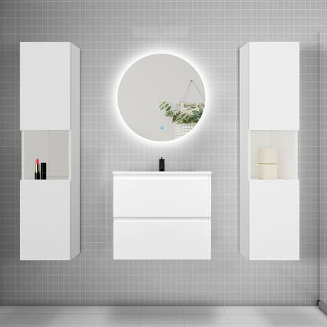 Ensemble meuble blanc et vasque L.60cm 2 tiroirs + colonne2 haut + lavabo + miroir 60x60cm-suspendu