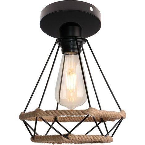 Plafonnier Vintage Luminaire Plafonnier Diamant Lampe De Plafond Rétro En Corde De Chanvre E27, Pour Chambre À Coucher, Couloir, Noir (1/5)