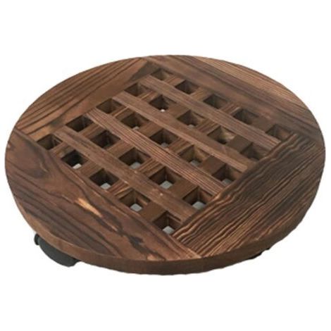 Plateau de pot de fleur rond en bois carbonisé de 40 cm de diamètre, support de fleur mobile avec base de pot de fleur à roulettes, 2 pièces (1/5)
