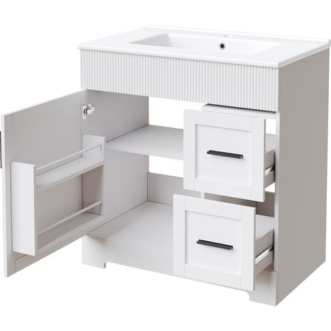 Meuble salle bain moderne, lavabo céramique, 2 tiroirs, étagère latérale, charnières métal, rangement pratique (1/5)