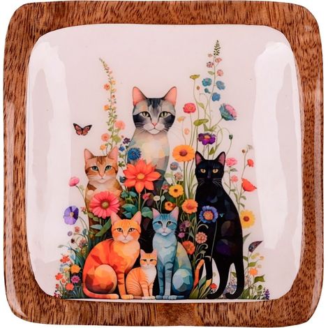 Bandeja cuadrada de madera con gatos y flores 13 cm (1/5)