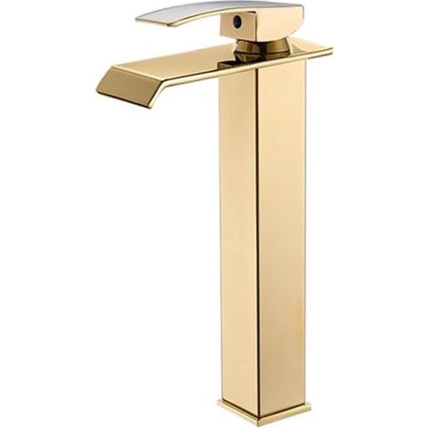 Robinet de salle de bain style cascade doré - mitigeur de lavabo - robinet de lavabo à poignée unique - mitigeur - robinet de lavabo eau chaude et froide (1/5)